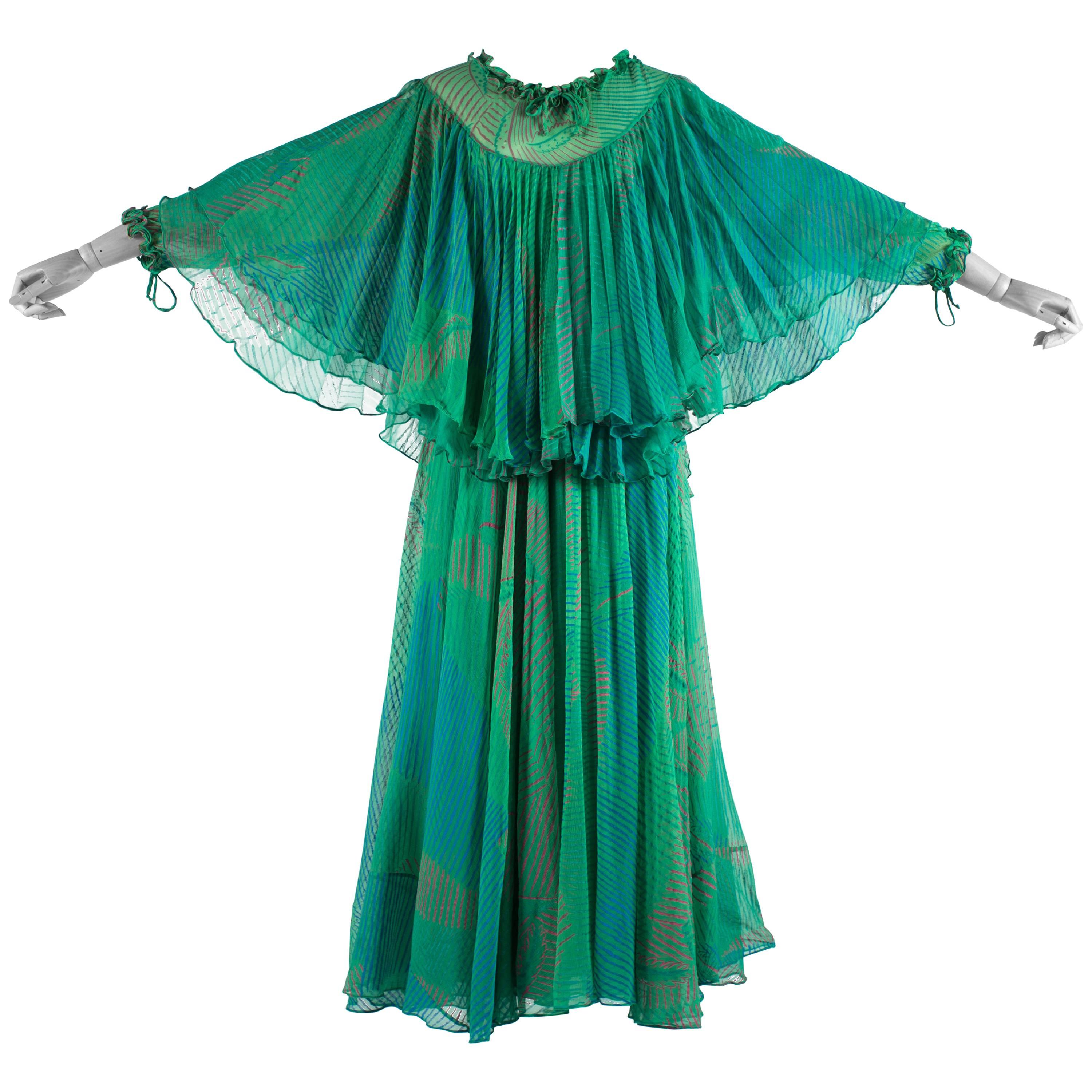 Ossie Clark green silk evening dress with print by Celia Birtwell, c. 1976