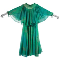 Vintage Ossie Clark green silk evening dress with print by Celia Birtwell, c. 1976