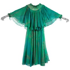 Ossie Clark green silk evening dress with print by Celia Birtwell, c. 1976