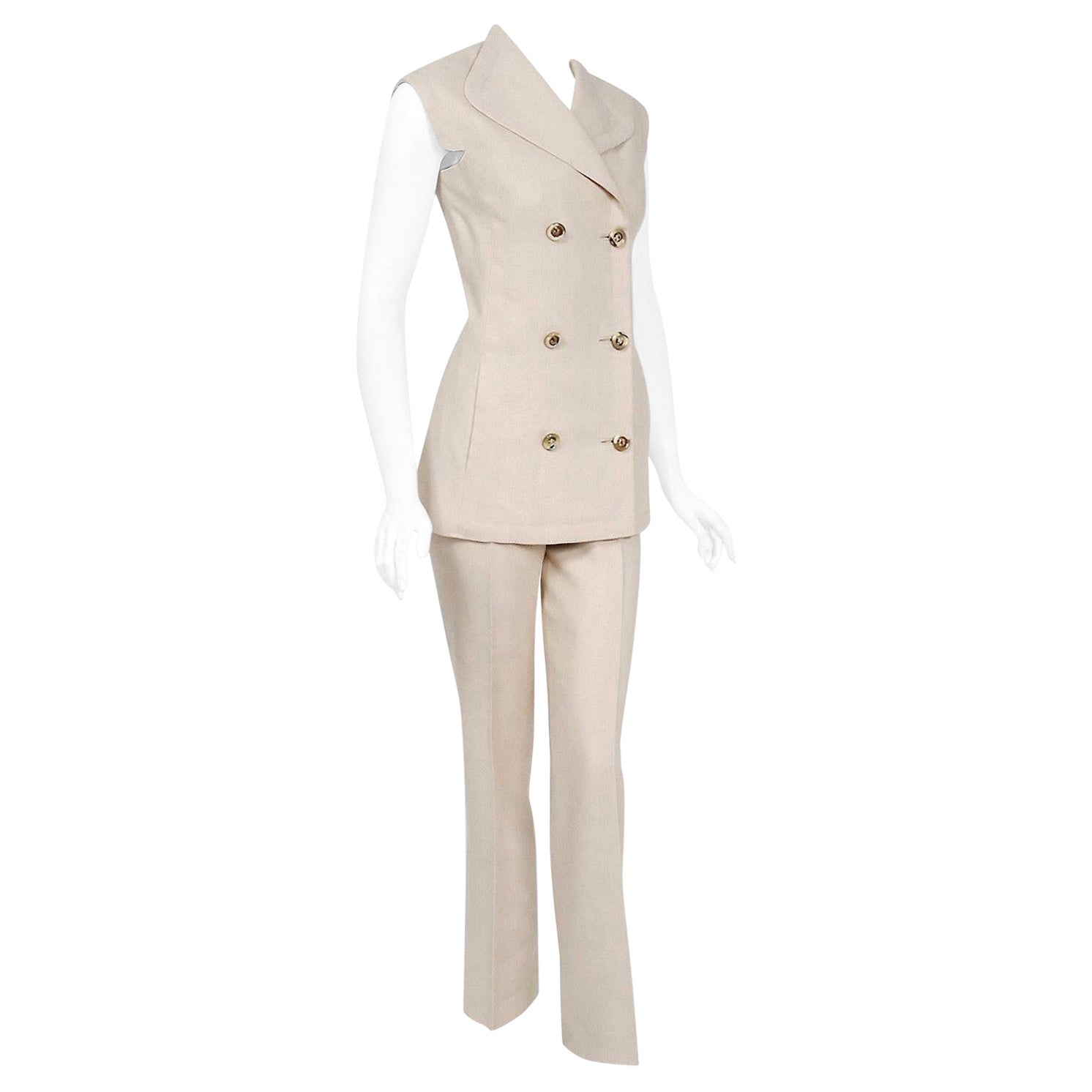 Vintage 1968 Pierre Cardin Oatmeal Linen Double-Breasted Mod Pantsuit Ensemble