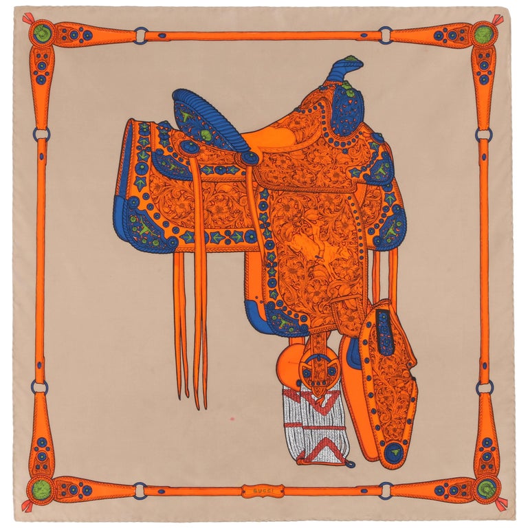 GUCCI Khaki and Orange Southwestern Saddle Equestrian Print Square Silk Scarf at 1stDibs
