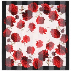 VALENTINO Black & White Red Rose Floral Print Striped Semi Sheer Silk Scarf (Echarpe en soie semi transparente)