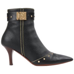 LOUIS VUITTON c.2003 "Suhali" Black Leather Gold Studded Pointed Toe Ankle Boots