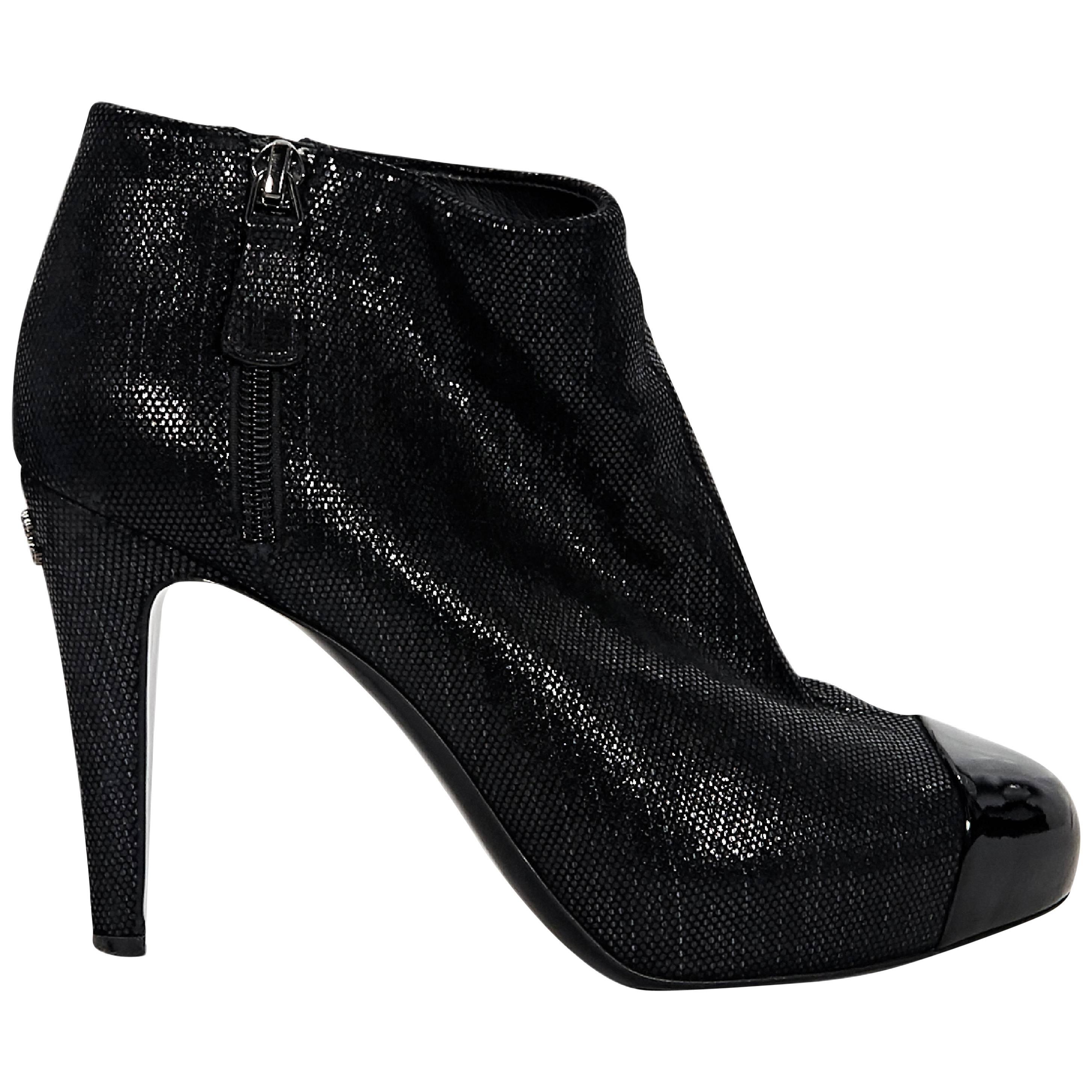Black Chanel Embossed Cap-Toe Ankle Boots