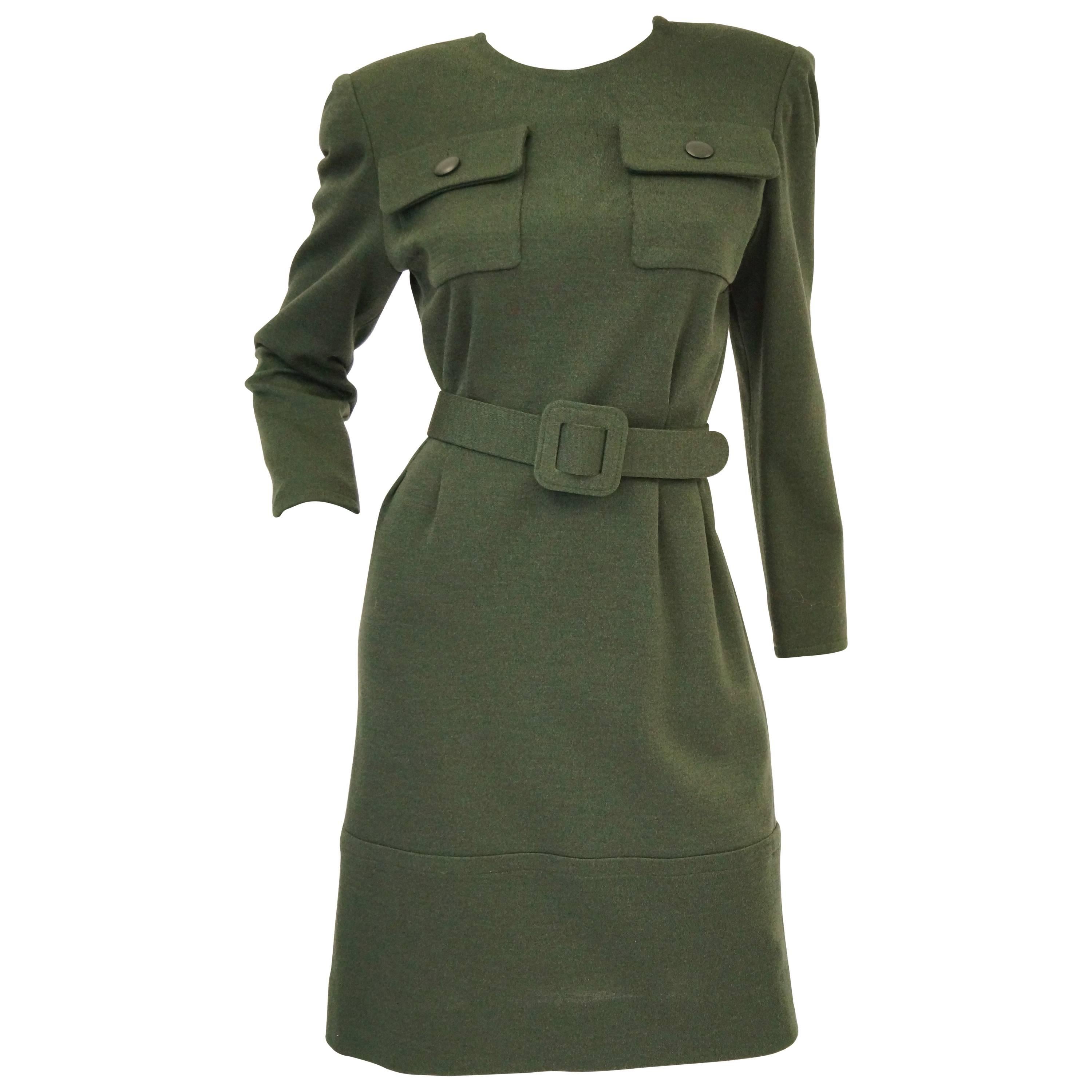  1980s Givenchy Couture Olive Green Wool Button Back Dress For Sale
