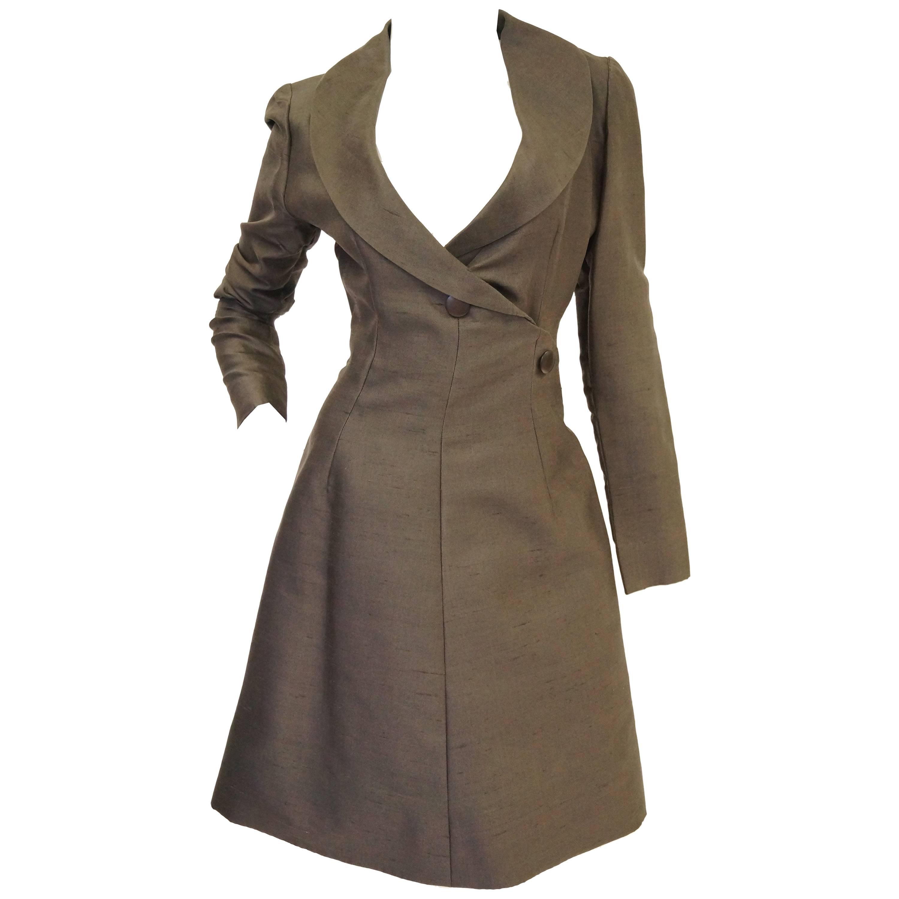 Givenchy Grey Umber Raw Silk Wrap Dress, 1960s 