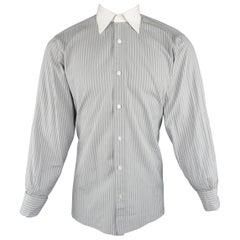 Men's CHARVET Size M Gray Stripe Cotton Contrast Collar French Cuff Long Sleeve 