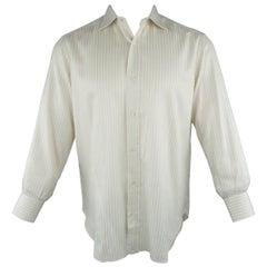 Men's BRIONI Size M Beige Striped Cotton Long Sleeve Spread Collar Shirt