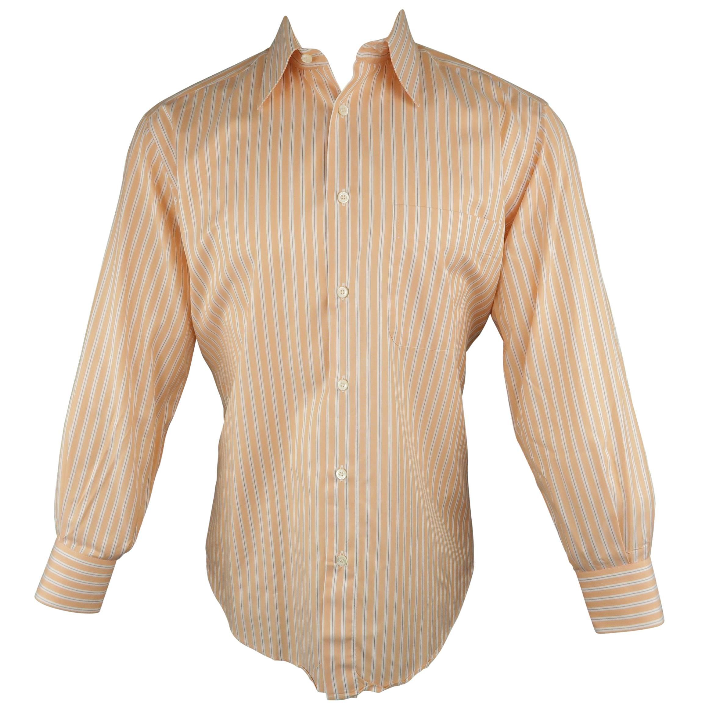Men's BRIONI Size S Orange Stripe Cotton Long Sleeve Shirt