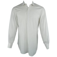 Men's BRIONI M White & Silver Stripe Hidden Placket Long Sleeve French Cuff Shir