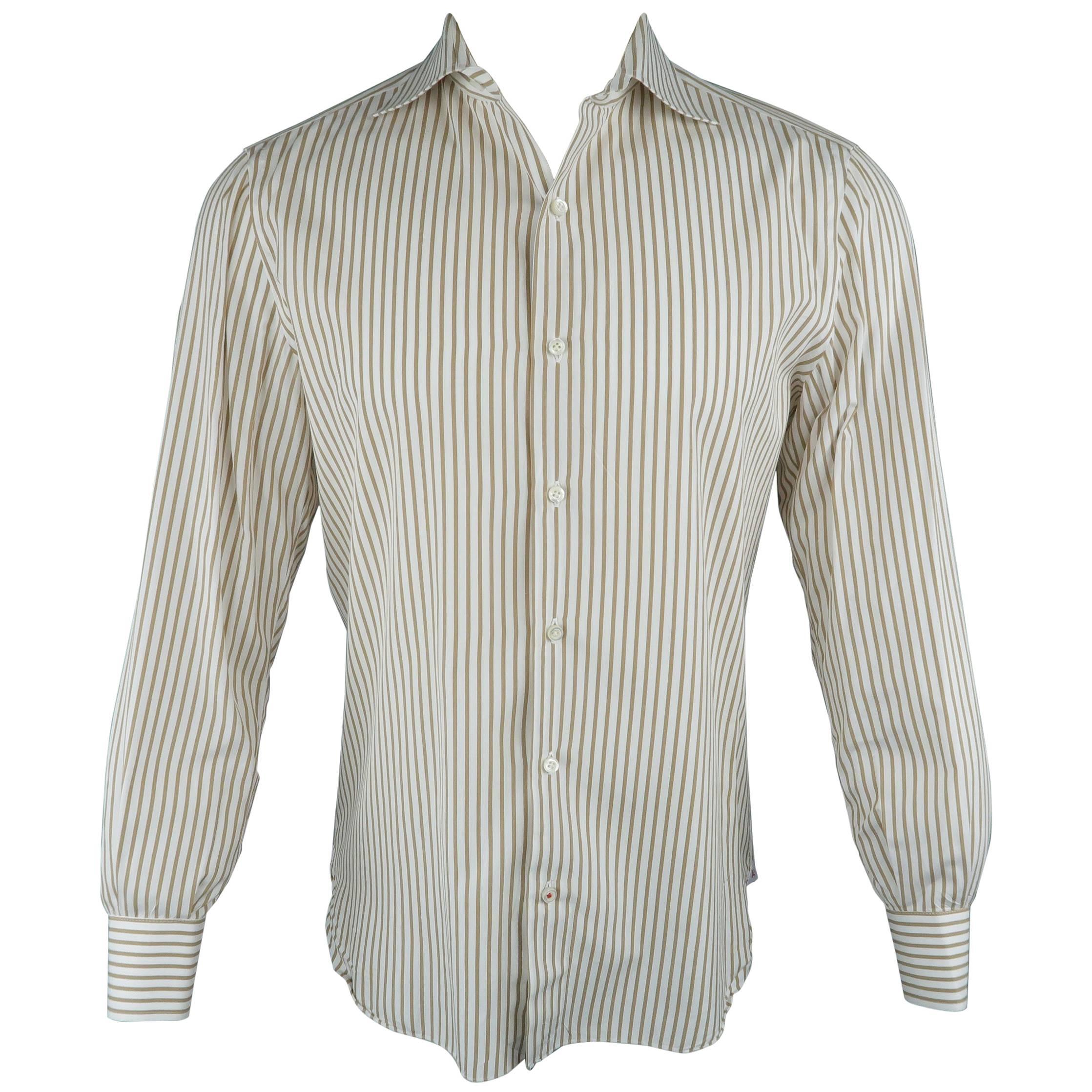 Men's ISAIA Size M White & Tan Stripe Cotton Long Sleeve Shirt