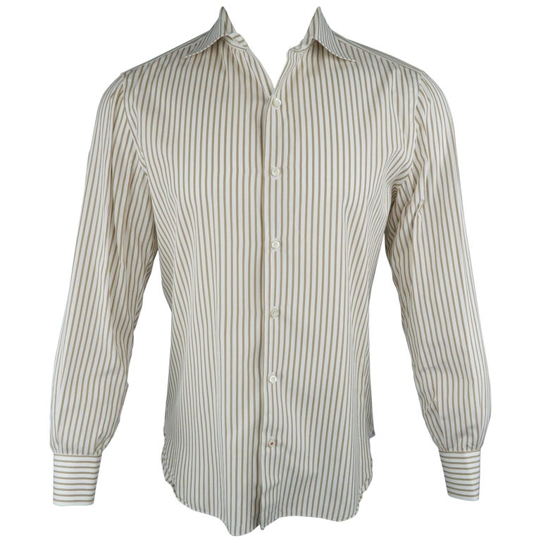 Men's ISAIA Size M White and Tan Stripe Cotton Long Sleeve Shirt For ...