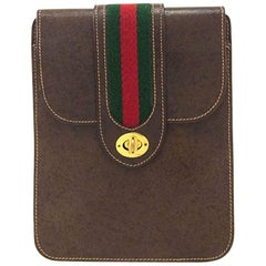 Vintage Gucci Brown Leather Red Green Stripe 2 in 1 Shoulder Fanny Pack Waist Flap Bag