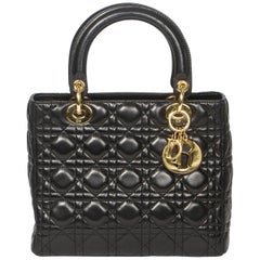 Lady Dior black cannage leather and gold tone hardware MM bag 