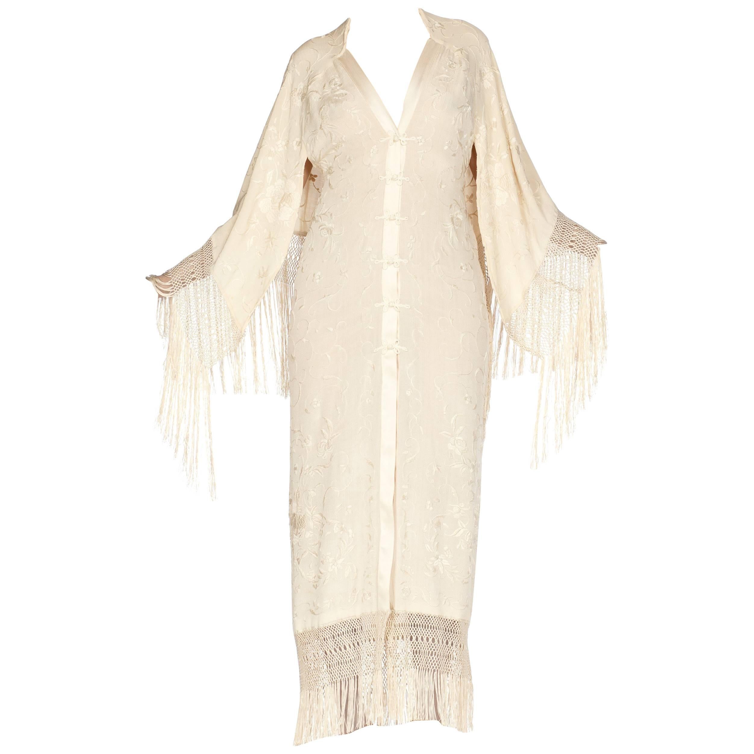 Hand Embroidered Antique Piano Shawl Bias Dress with Cape and Fringe