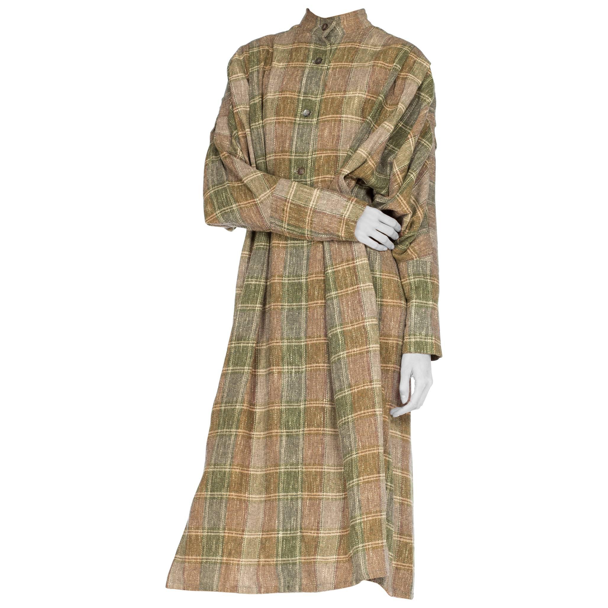 1980S ISSEY MIYAKE Wool Flannel Plaid Pleated Sleeve Tunic Dress For Sale
