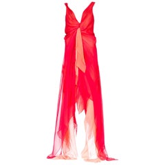 Vintage Donna Karan Layers of Red and Pink Chiffon Gown, 1990s 