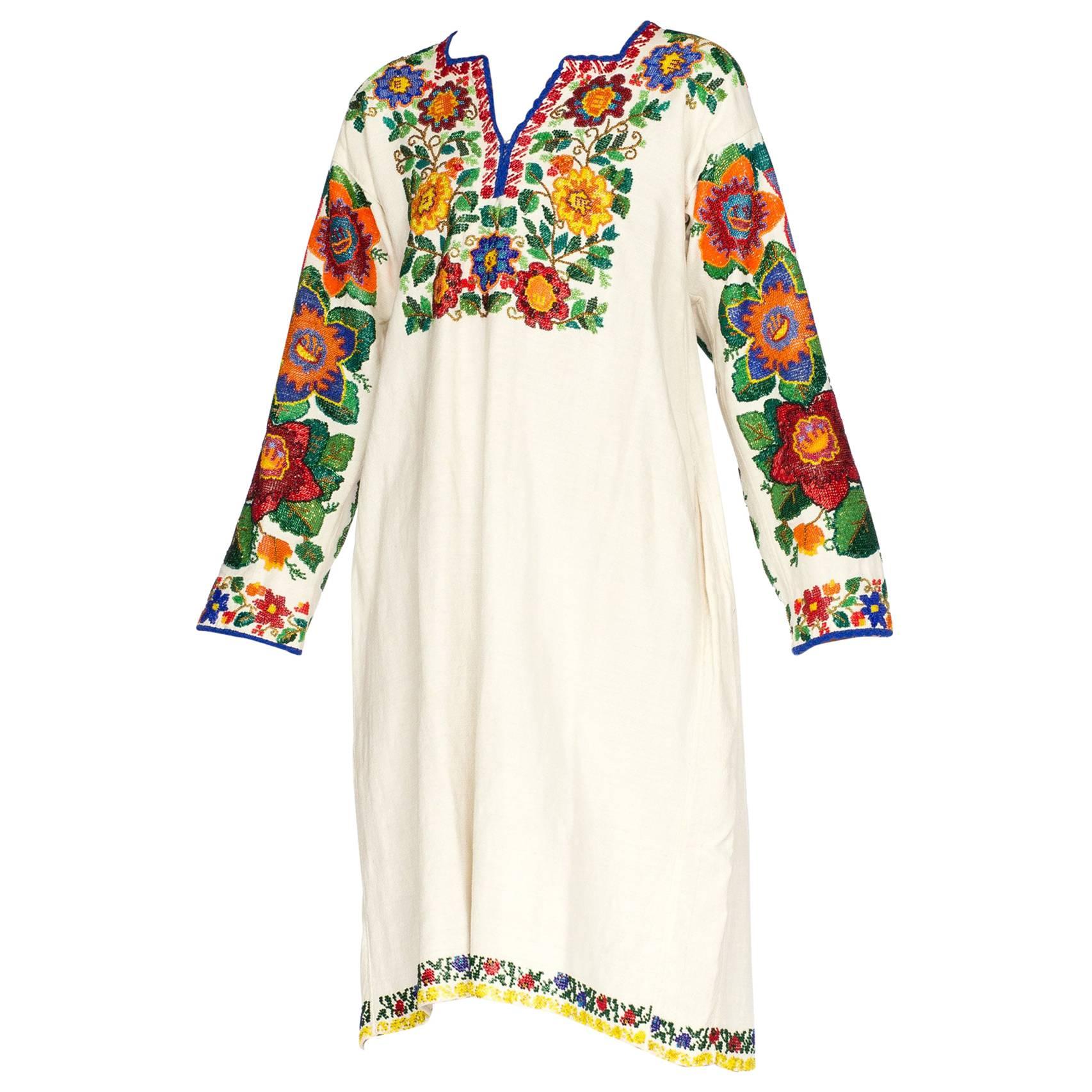 1910S Ecru Linen Antique Folk Tunic Dress With Heavy Multicolored Beading