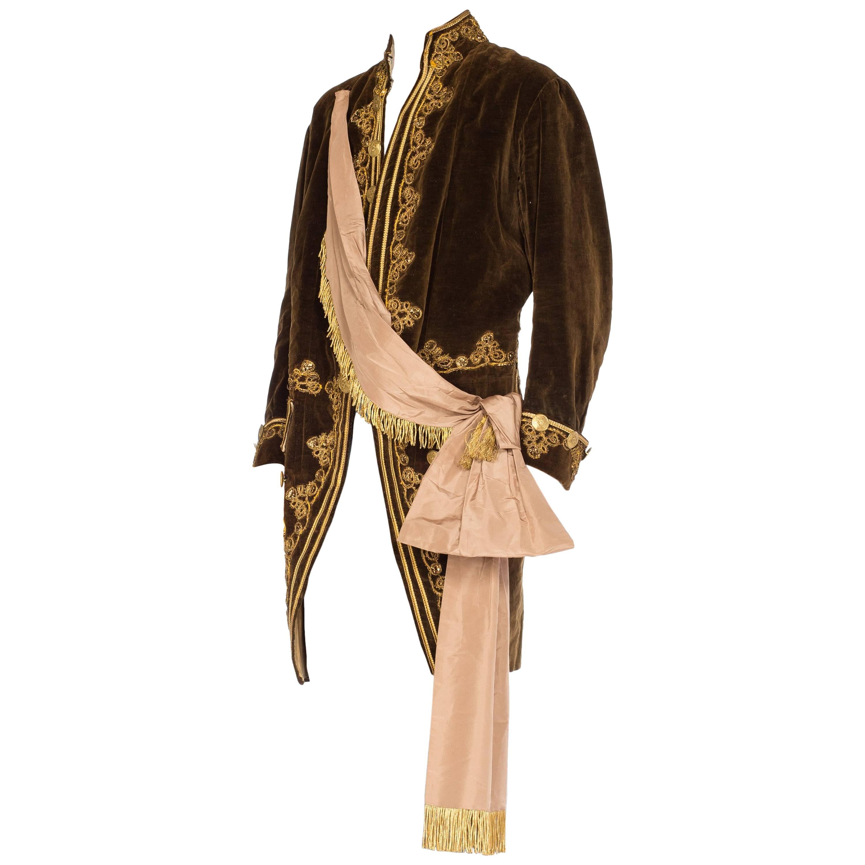 1920S Brown Velvet Men's 18Th Century Style Frock Coat With Antique Gold Metal 
