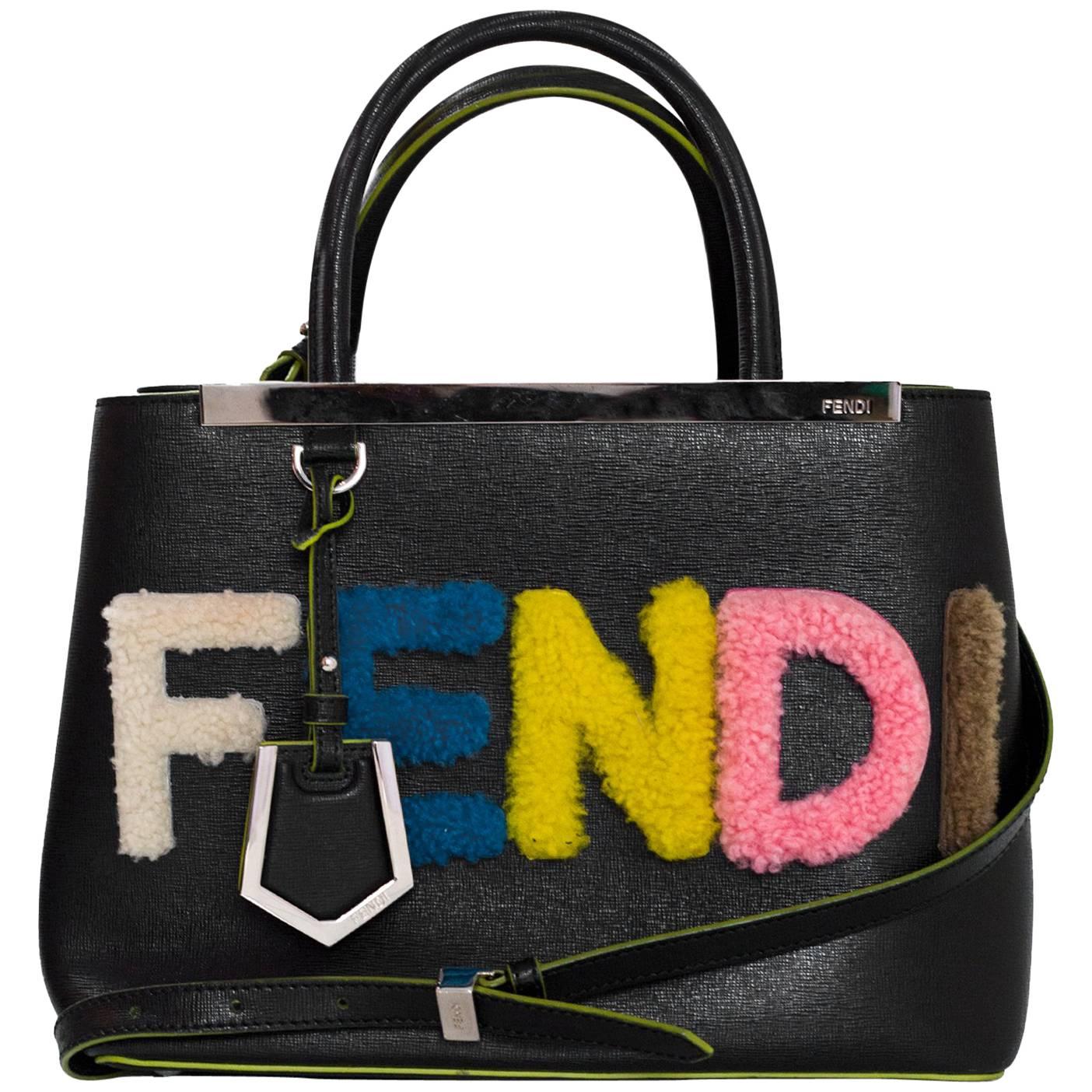 Fendi Black Vitello Elite Shearling Logo Petite 2Jours Tote Bag with Strap