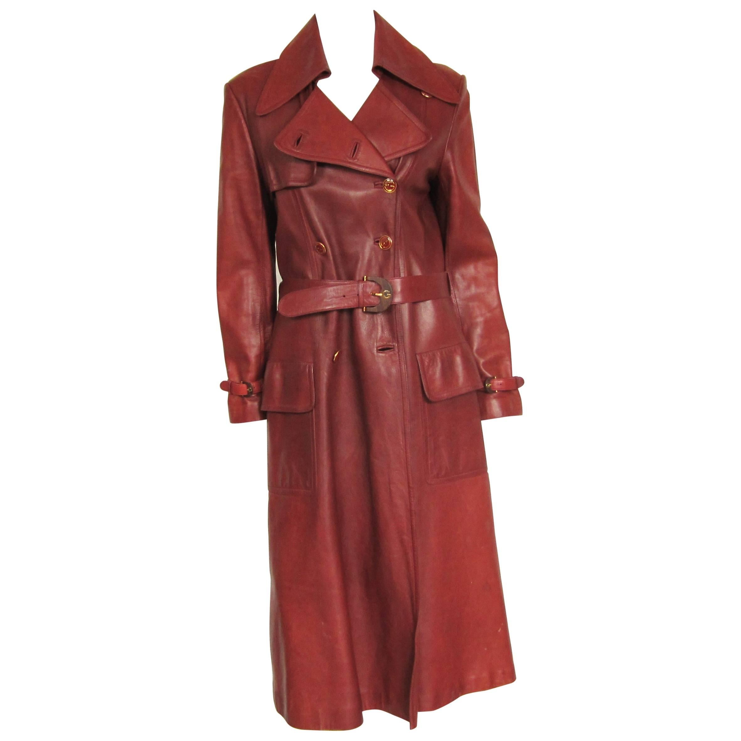 1970s Vintage Gucci Burgundy Leather Logo Trench Coat 