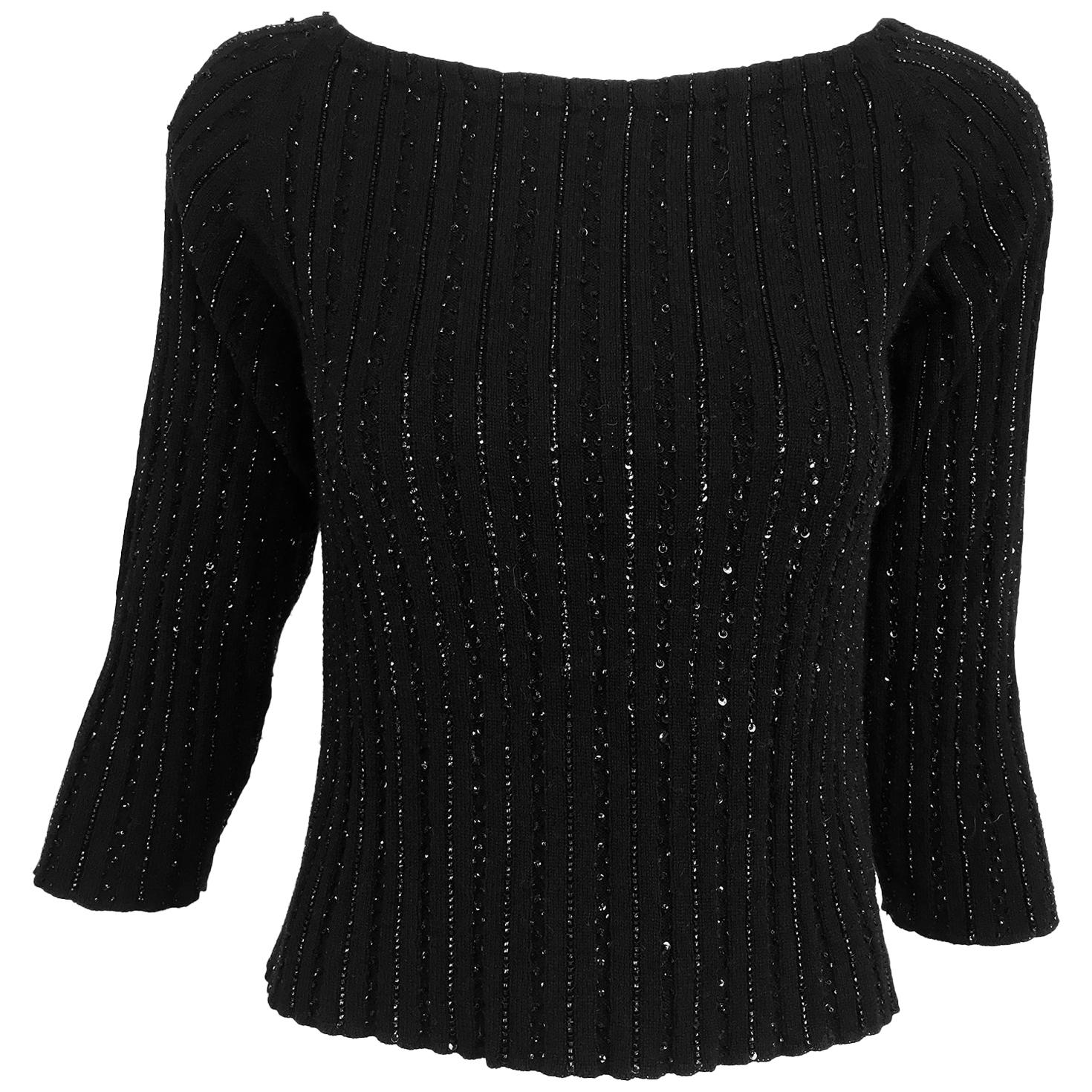 Oscar de la Renta black beaded 100% cashmere pullover sweater