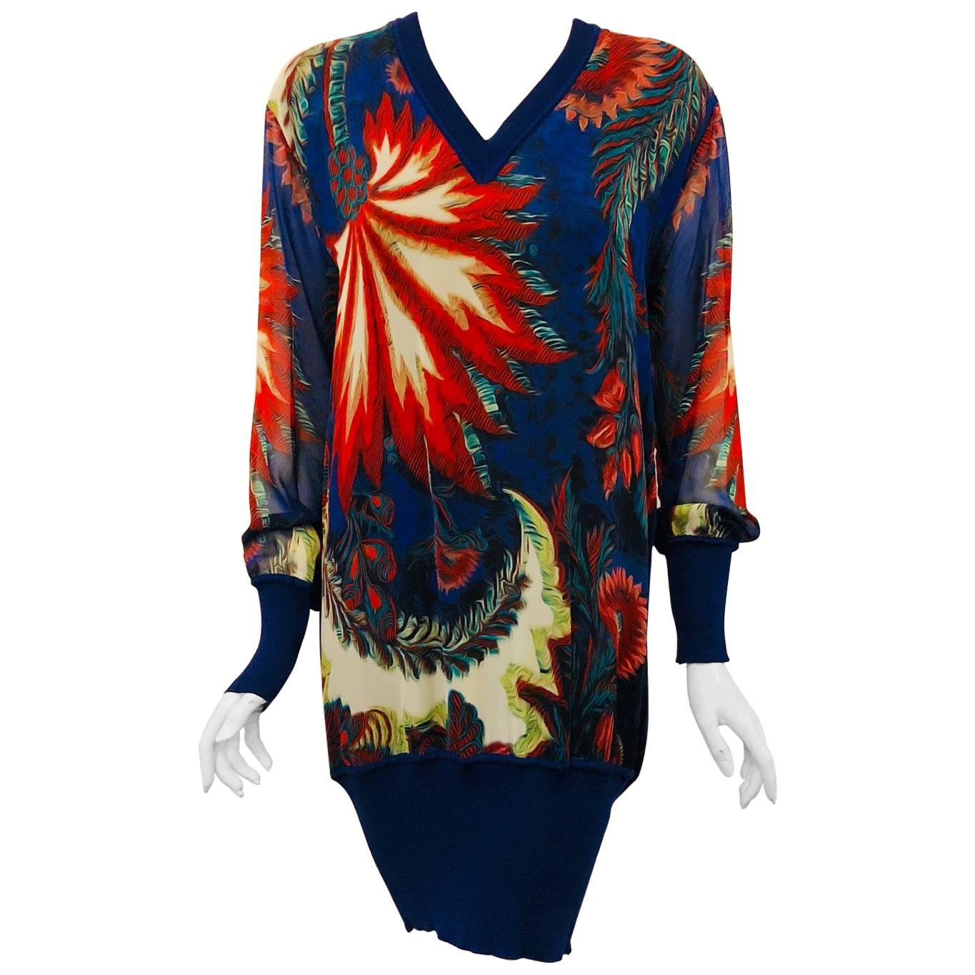 Ravishing Roberto Cavalli Silk Blue & Red Floral Print Long Sleeve Mini Dress For Sale