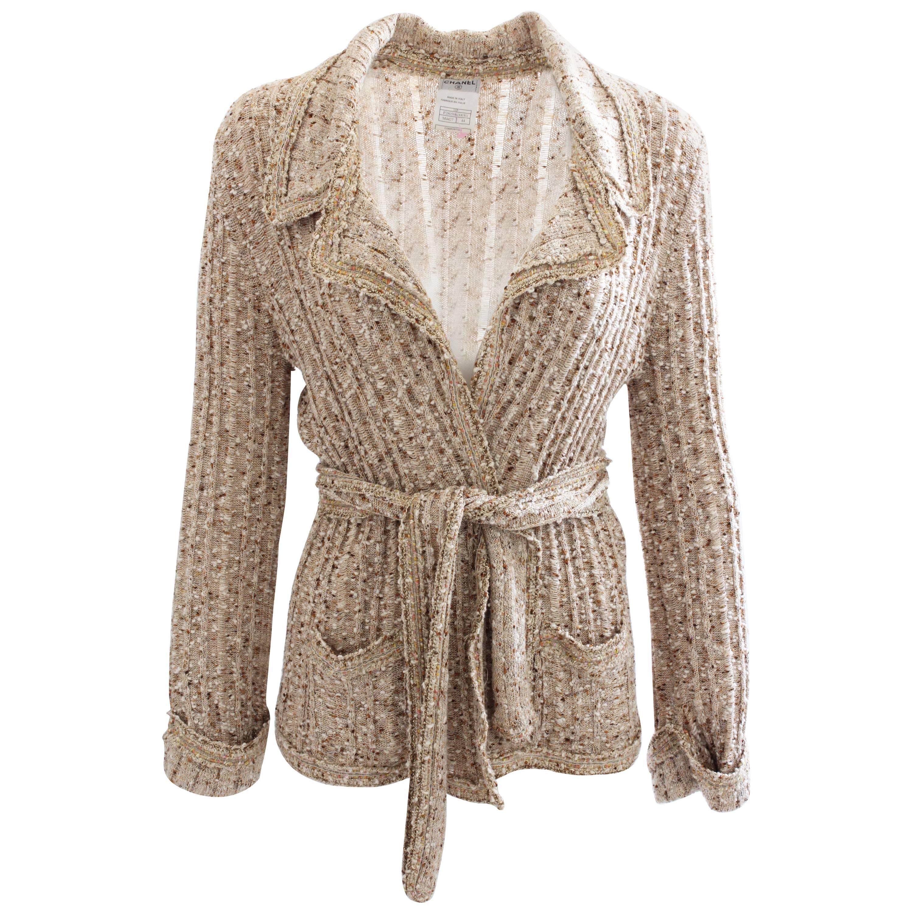 Chanel Boucle Knit Cardigan Sweater with Belt Oatmeal Tan 06P Collection Sz 44