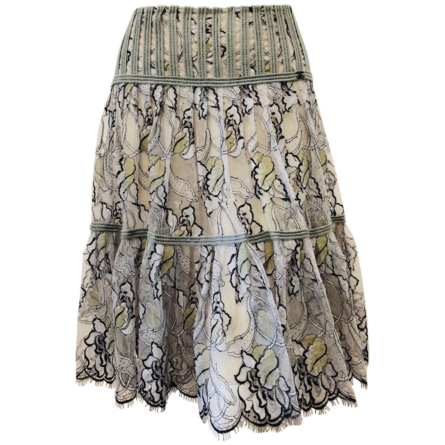 Charming Chanel Lace in Grey, Black and Green Floral Print 3 Tier Pleated Skirt 