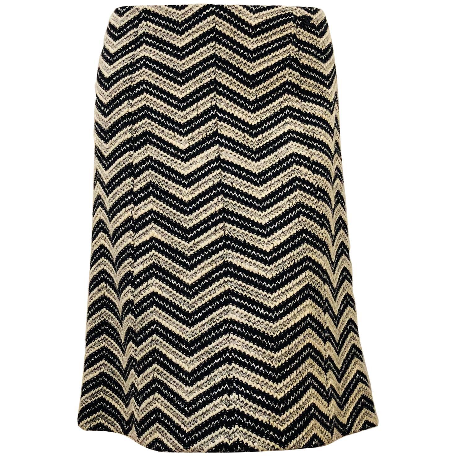 Chanel Wool Blend Black/White and Silver Tone Threads Chevron A line Skirt  