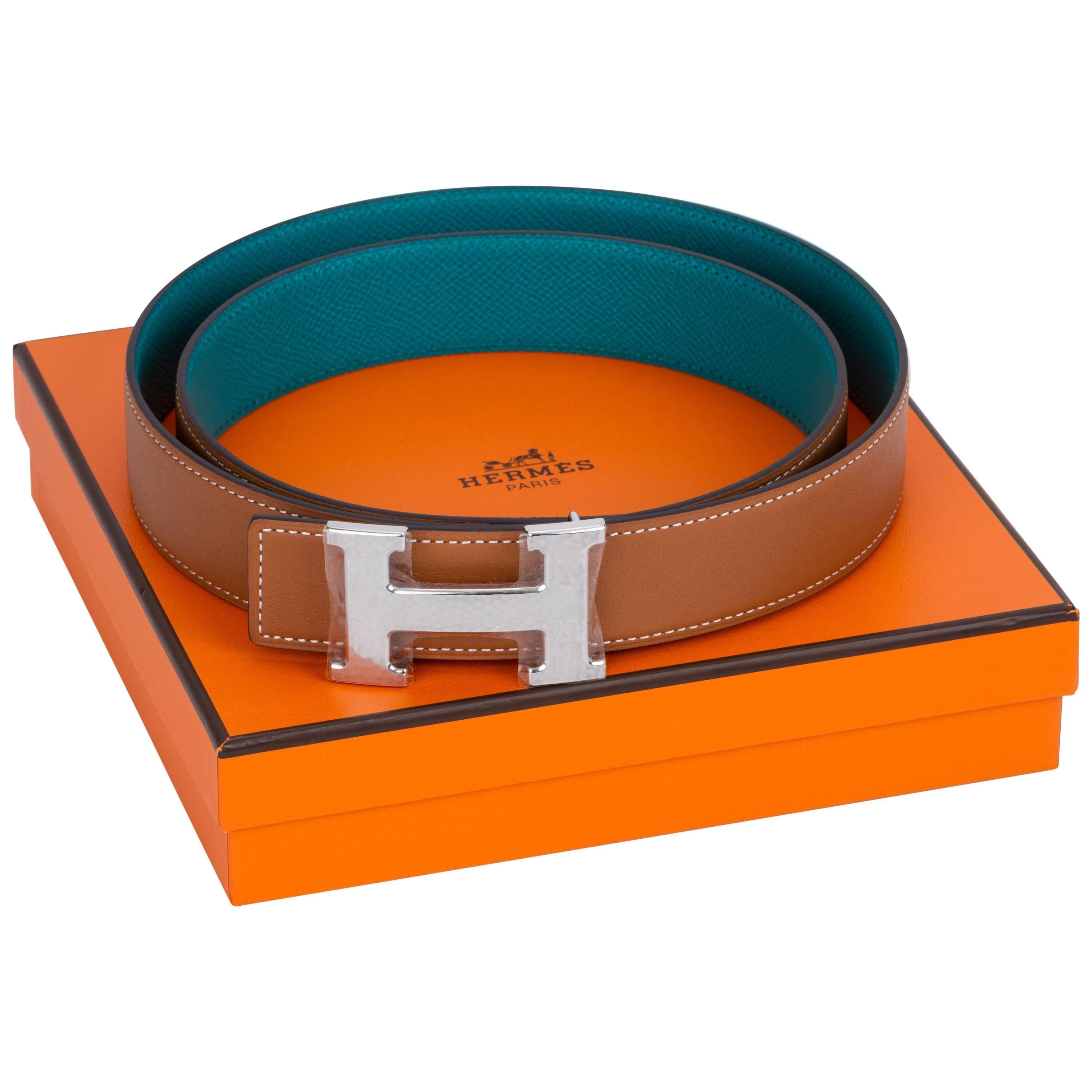 New in Box Hermes Gold Blue Paon Unisex H Belt