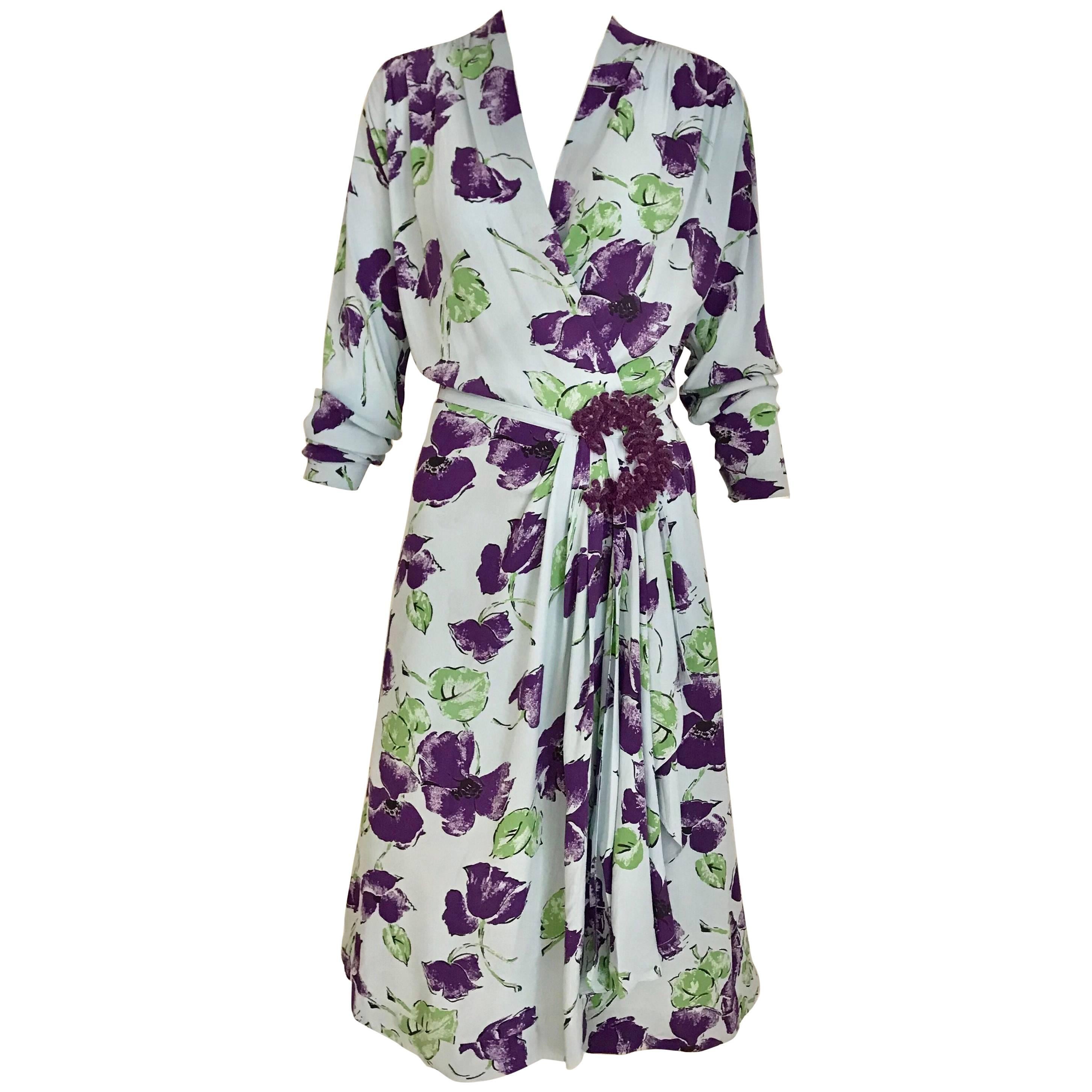 1940s Blue and Purple Floral Print Rayon Dress