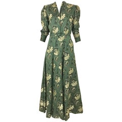 Green Jacquard Floral Print Dress, 1930s 