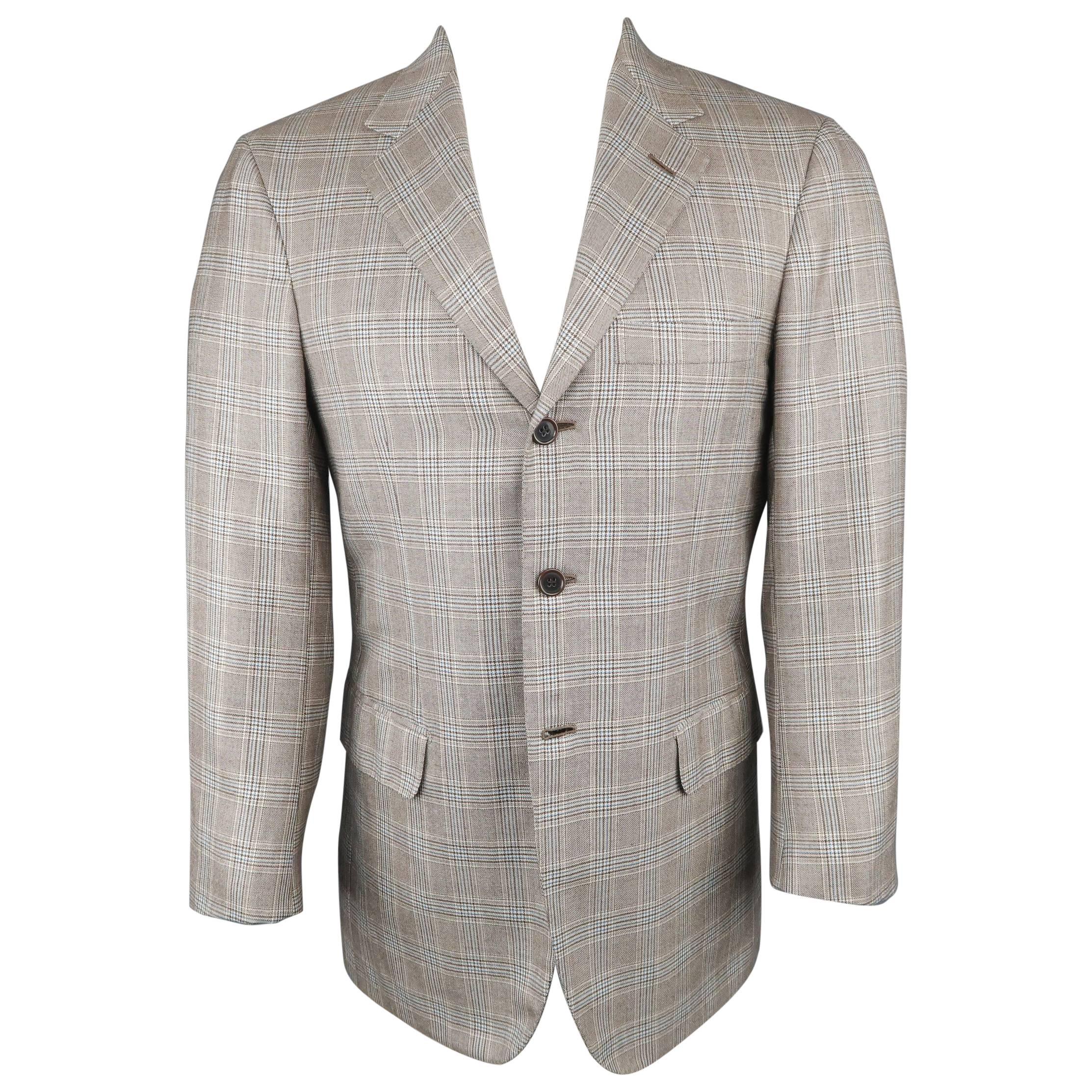 Men's BRIONI 38 Short Brown & Blue Glenplaid Wool / Silk 3 Button Sport Coat