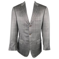 Men's BRIONI 38 Gray Window Pane Herringbone Silk / Wool Notch Lapel Sport Coat