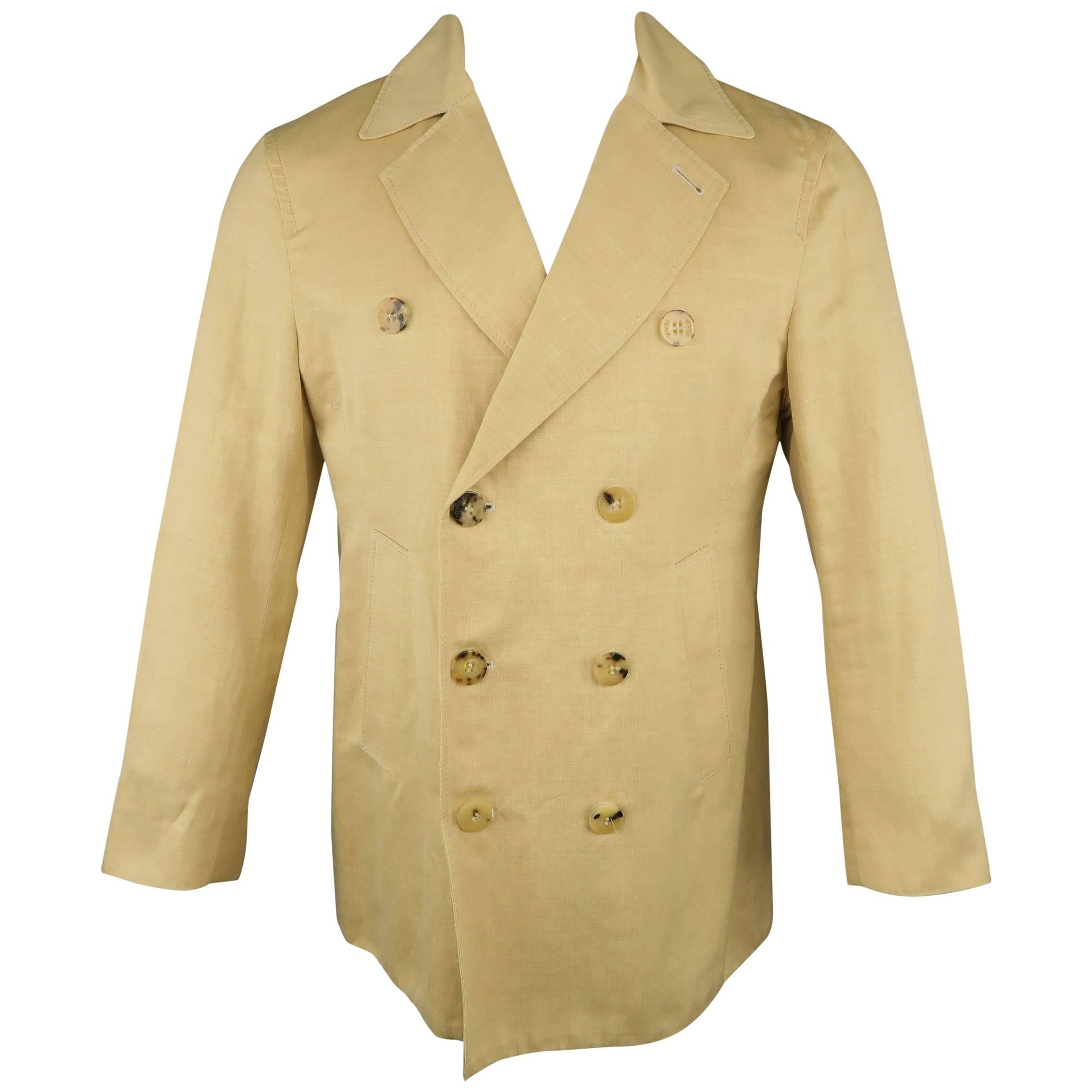 Men's ISAIA 40 Khaki Cotton / Linen Chambray Double Breasted Peacoat Jacket