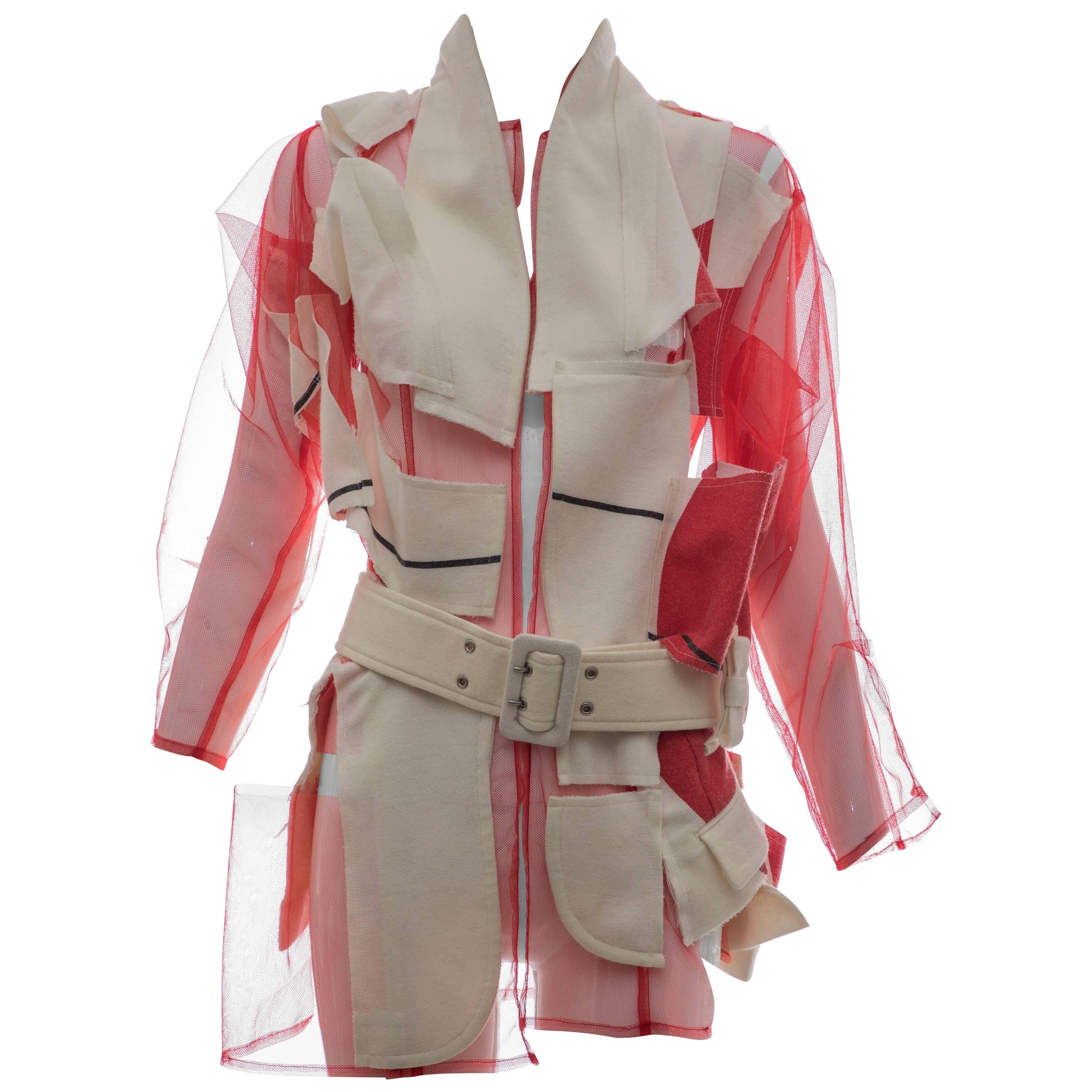 Comme des Garcons Deconstructed Red Mesh Jacket Cream Wool Patchwork, Spring 2007