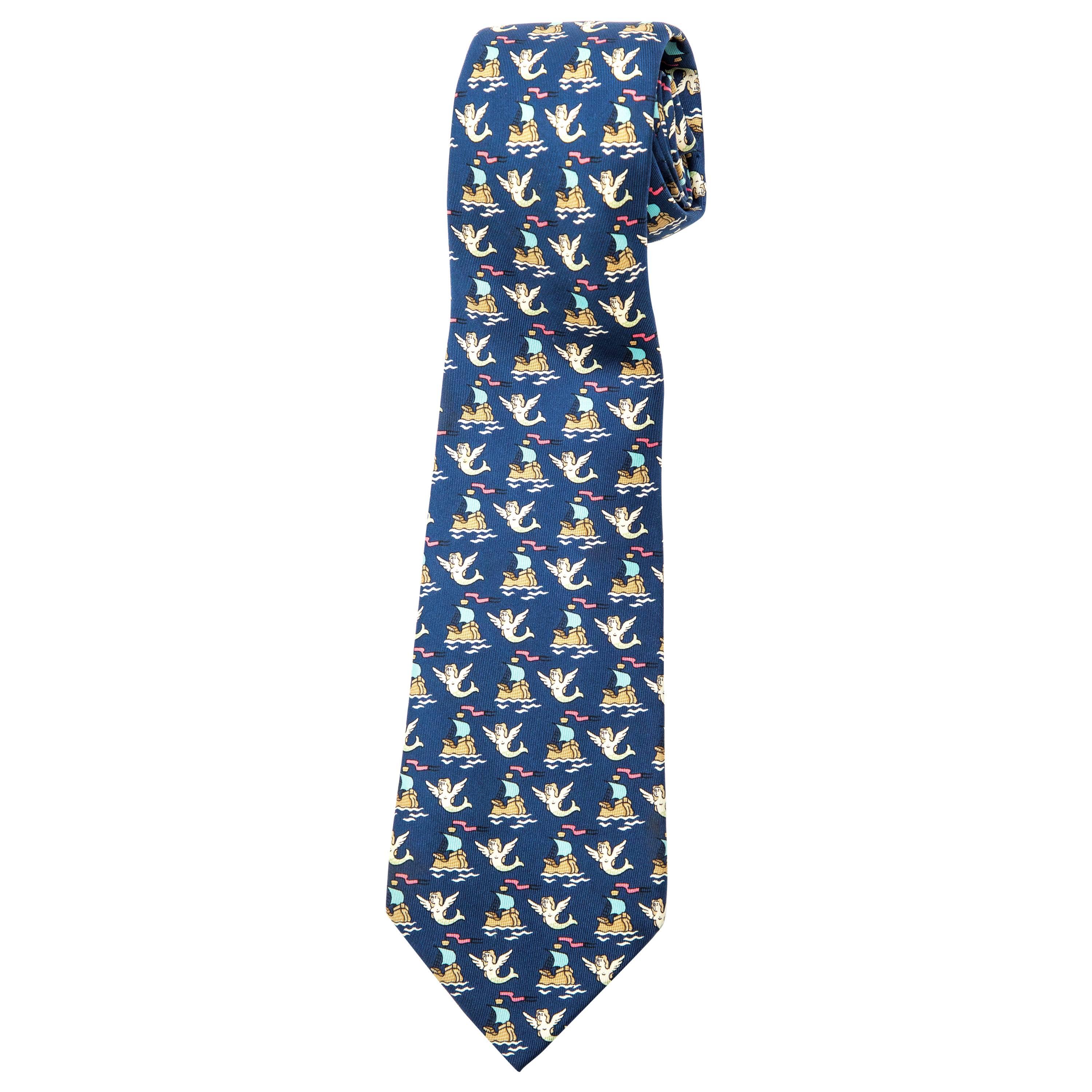 Hermes Navy Blue Printed Silk Tie, Circa 1990's