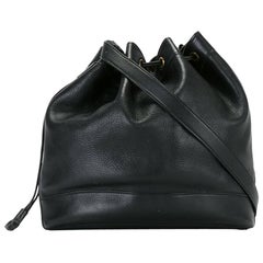 Retro Hermes Black Leather Market Bucket Bag