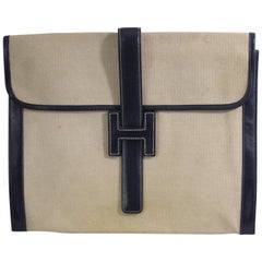 1976 Vintage Hermes Jige GM Clutch in Canvas and Leather.
