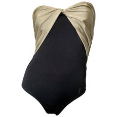  1980s Yves Saint Laurent Retro Gold Black Strapless Logo Swimsuit Bodysuit