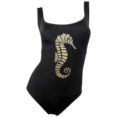 1990s Bill Blass Black and Gold Seahorse  Print One Piece Swimsuit Bodysuit