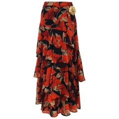 Chanel Black & Terracotta Long Ruffle Layered Cotton Skirt