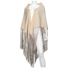 Hermes Cream Cashmere Shawl with Leather Fringe.