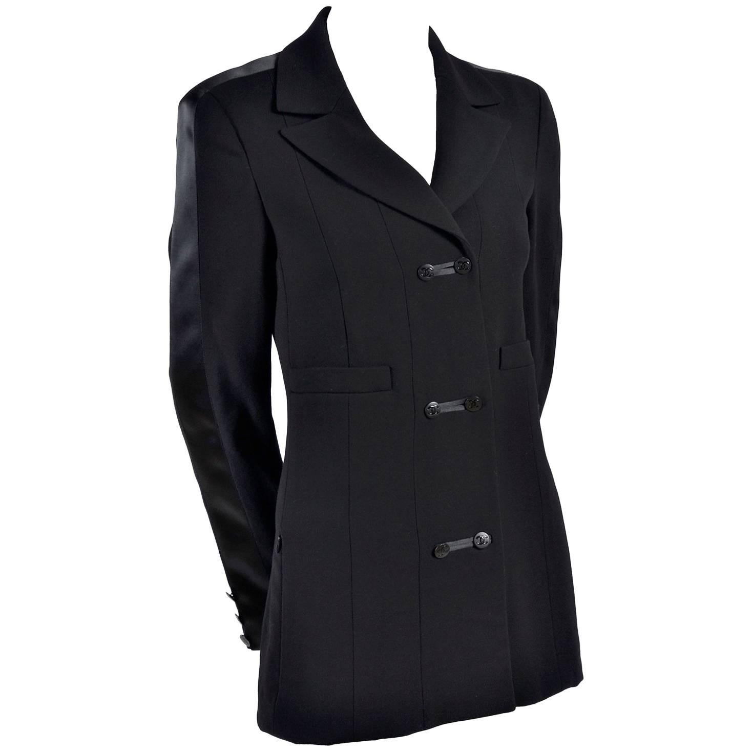 2003 Chanel Jacket Black Wool Blazer W Satin Stripes in Size 38