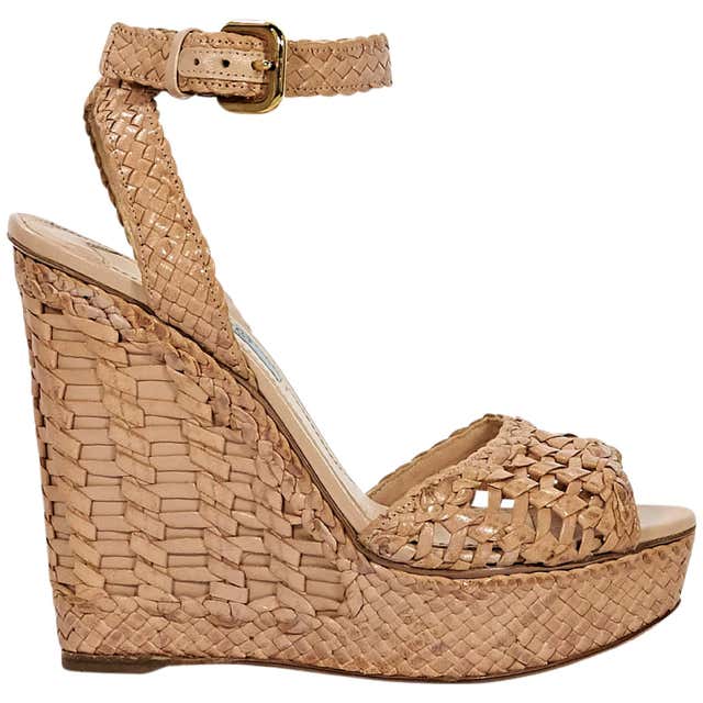 Tan Prada Woven Leather Wedge Sandals For Sale at 1stDibs | tan leather