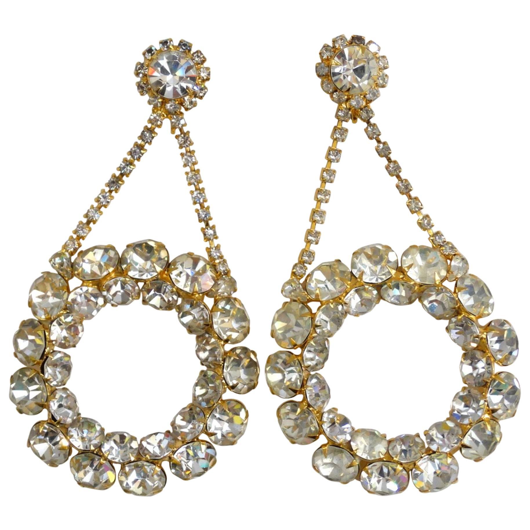 1980s Oversized Rhinestone Hoop Drop Earrings 