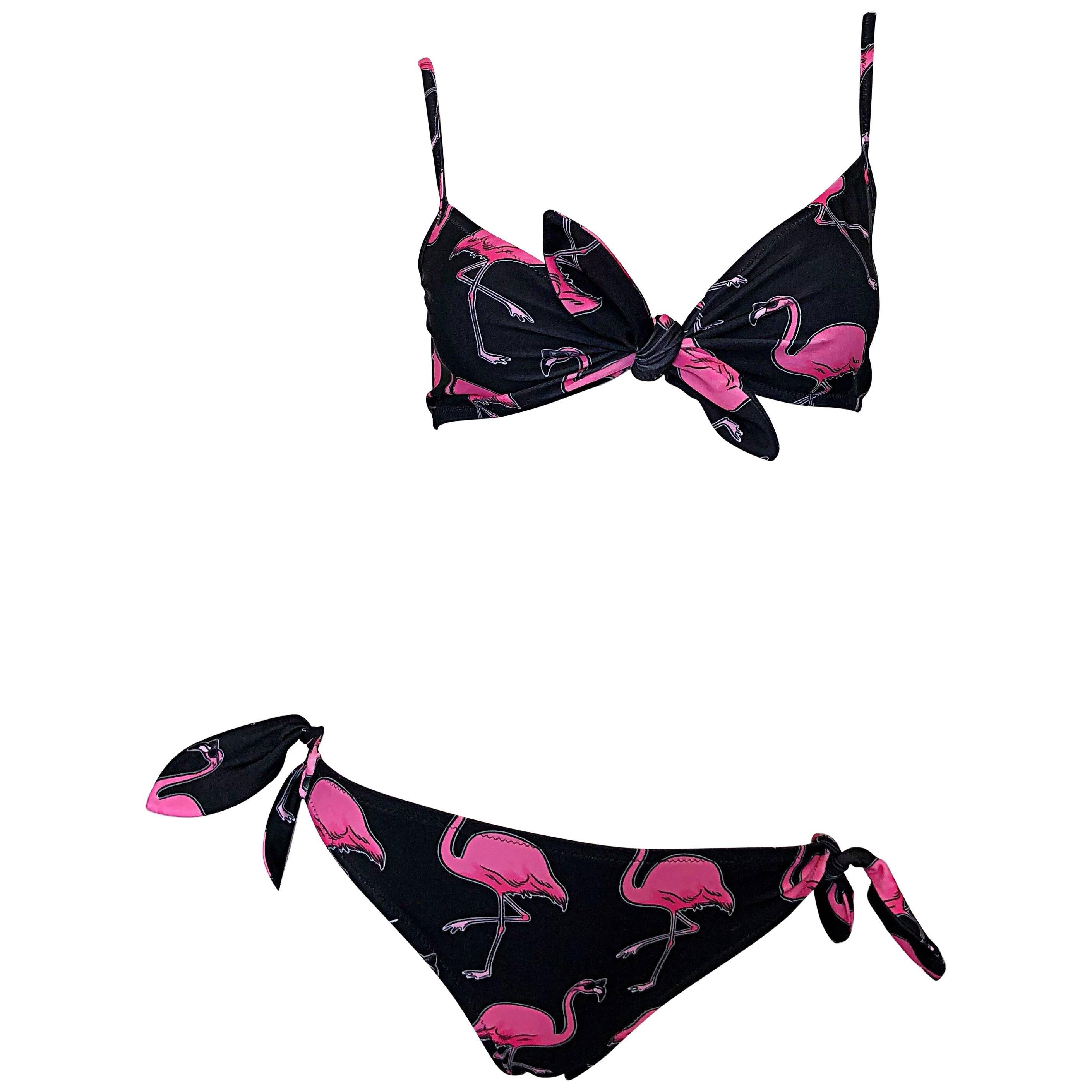 Moschino by Jeremy Scott Dancing Flamingos Pink and Black Bikini Swimsuit 