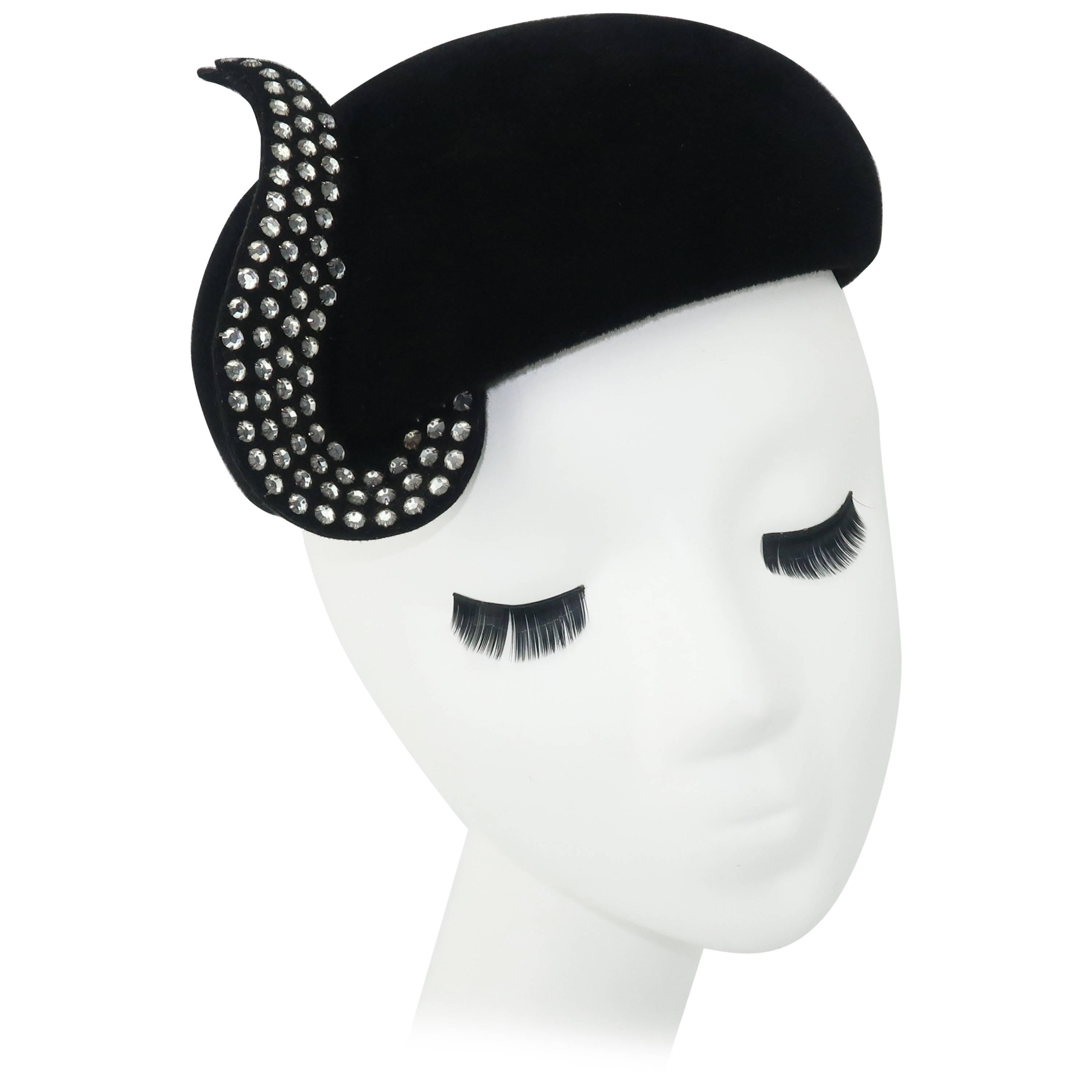 Frank Olive Black Wool Skull Cap With Rhinestone Curlicue, 1950s 