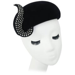 Vintage Frank Olive Black Wool Skull Cap With Rhinestone Curlicue, 1950s 